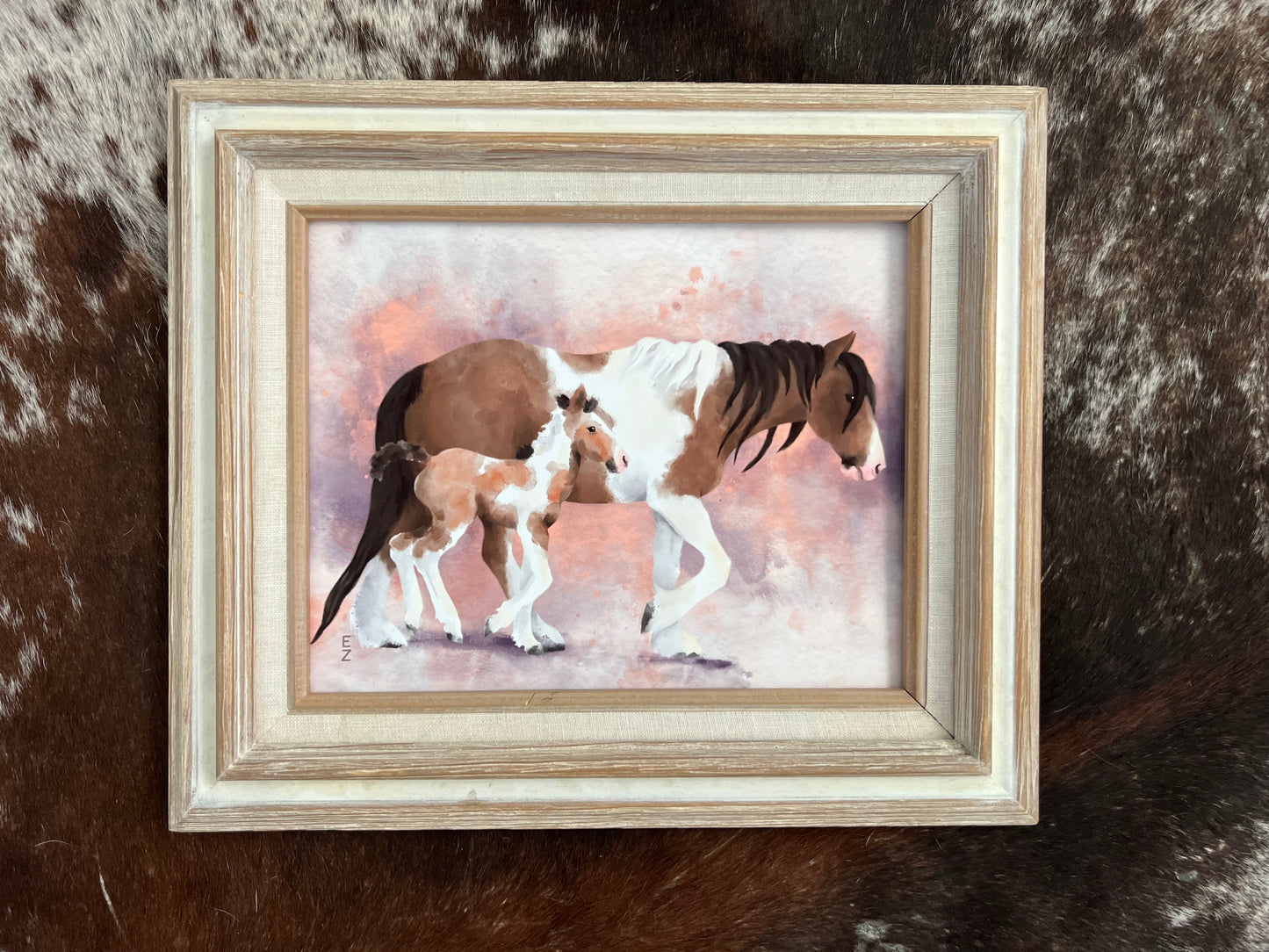 Framed Mare & Foal Watercolor