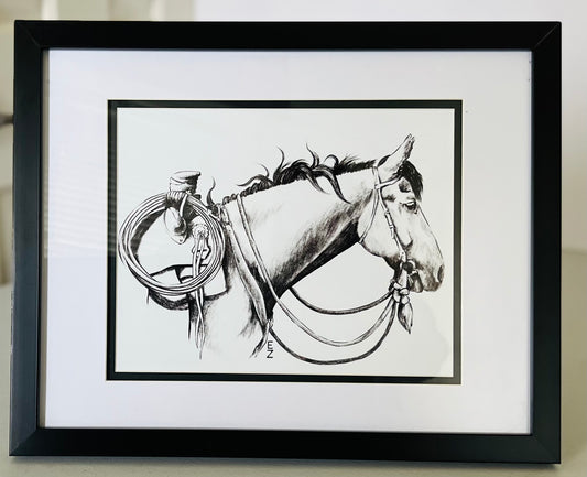 Framed Black & White Cow Horse Drawing